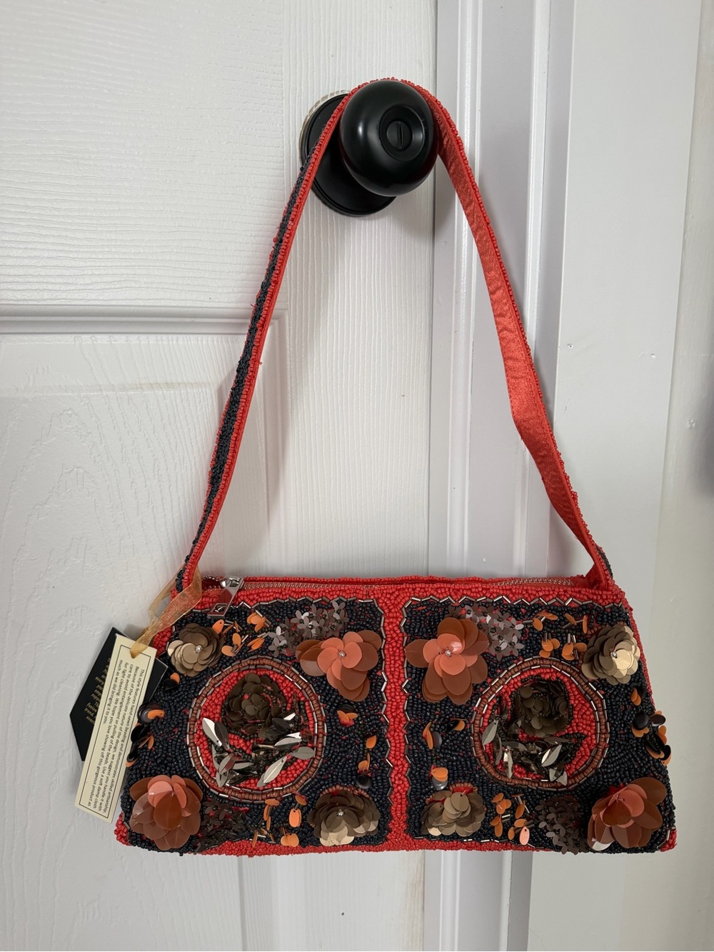 Burnt Orange and Navy Floral Sequin Shoulder Bag